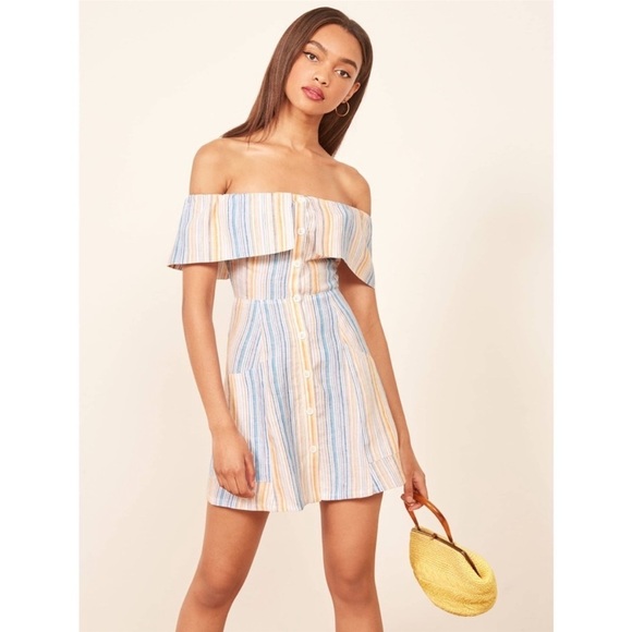Reformation Landy Marbella Off Shoulder Linen Stripe Dress 10 - Picture 1 of 12